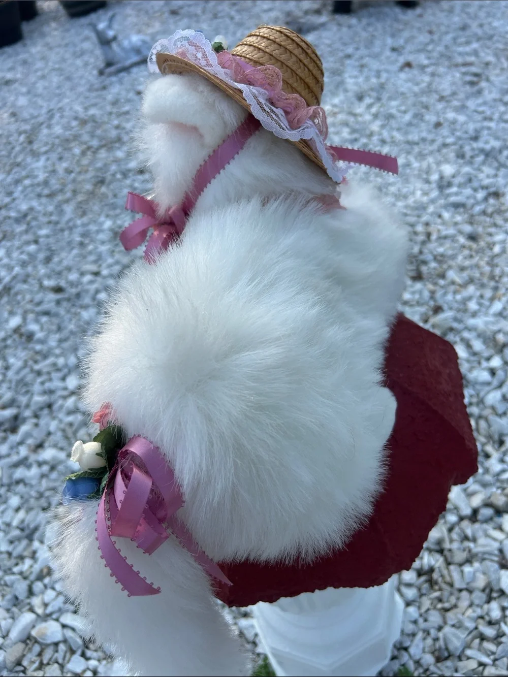 White Plush Cat Toy with Pink Ribbon and Floral Hat